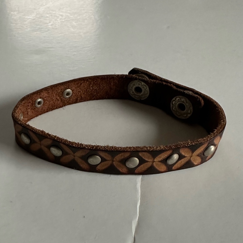 Brown leather bracelet with silver studs 8in